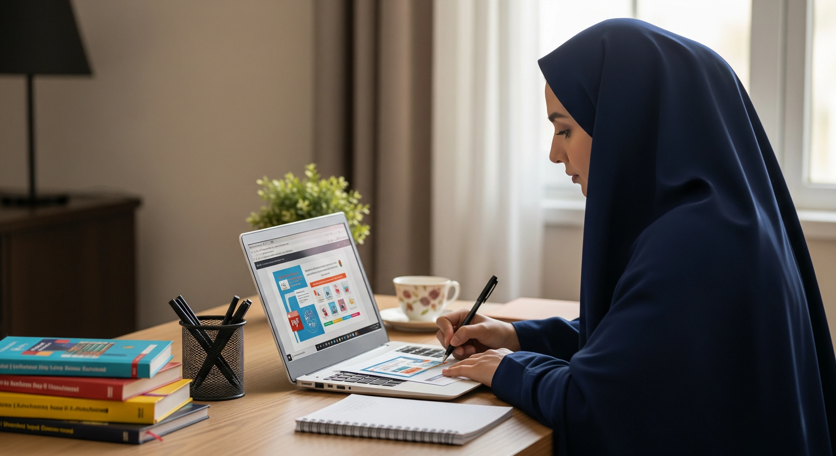 یک فرهنگی در حال ساخت پاورپوینت آموزشی با لپتاپ برای ارائه در کلاس درس