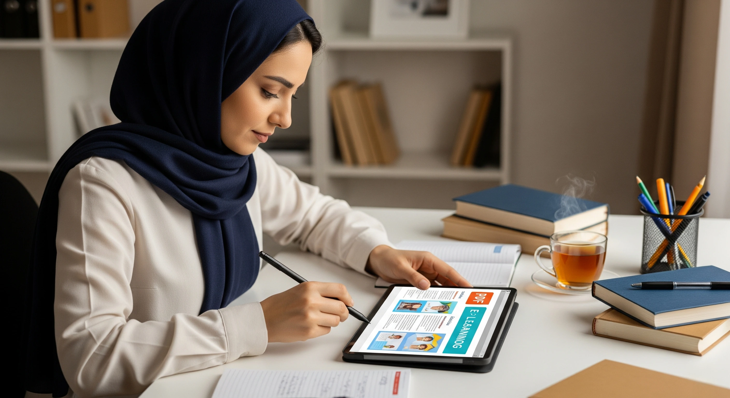 یک معلم در حال مطالعه فایل PDF درسی روی تبلت و یادداشتبرداری با قلم نوری